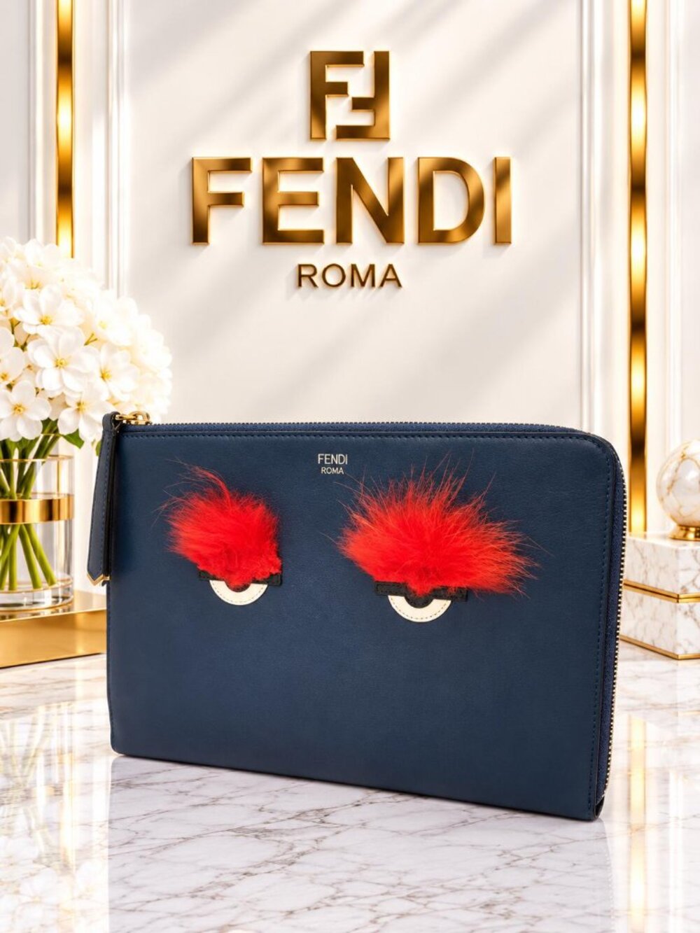 Authentic Fendi Bag Bugs Monster Eyes Blue Leather Fur Clutch Pouch